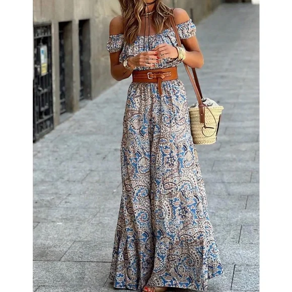 Boho Paisley Floral Print Off Shoulder Maxi Dress - Picture 2 of 9